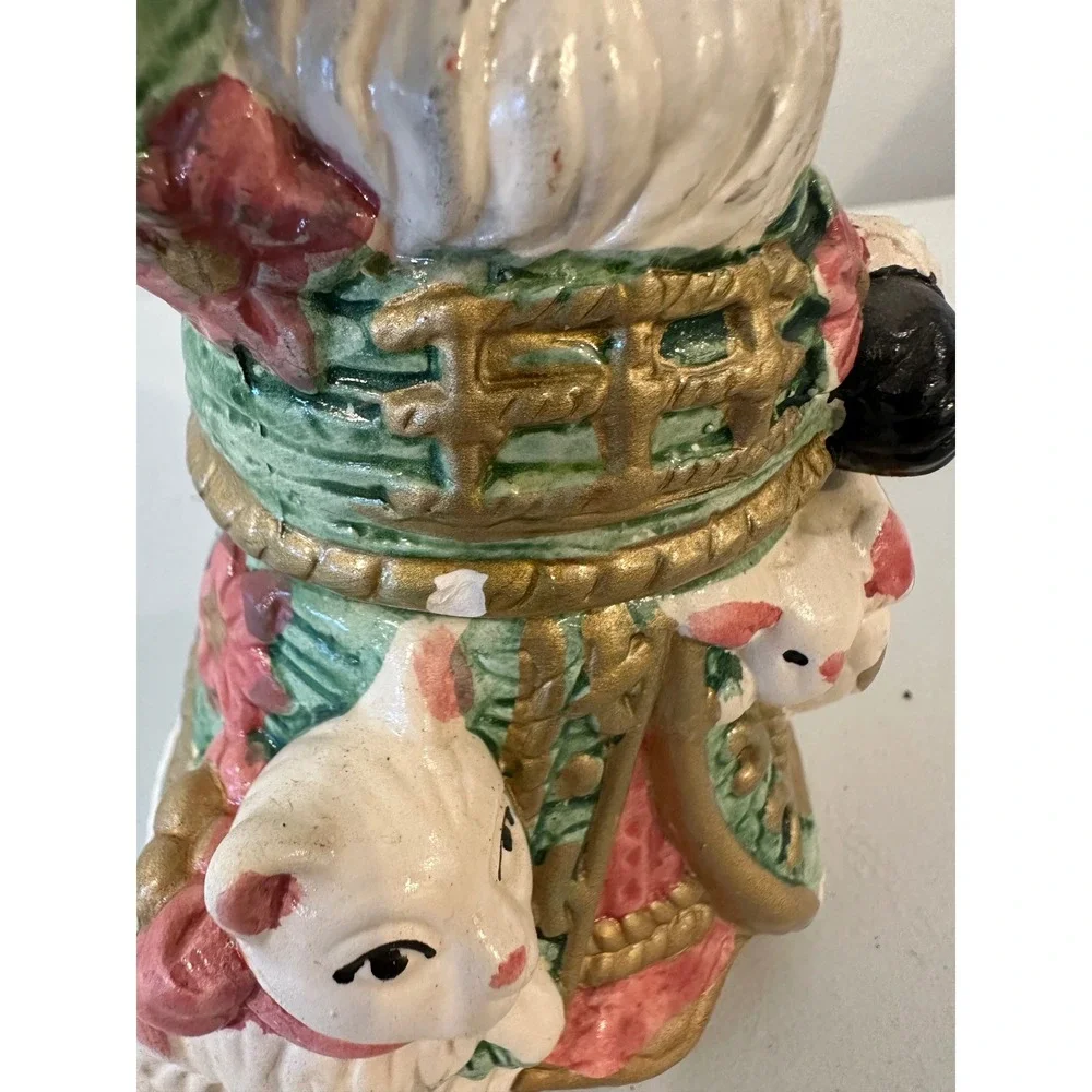 Vintage Ceramic Santa Claus Salt and Pepper Shakers Green Floral with Cats